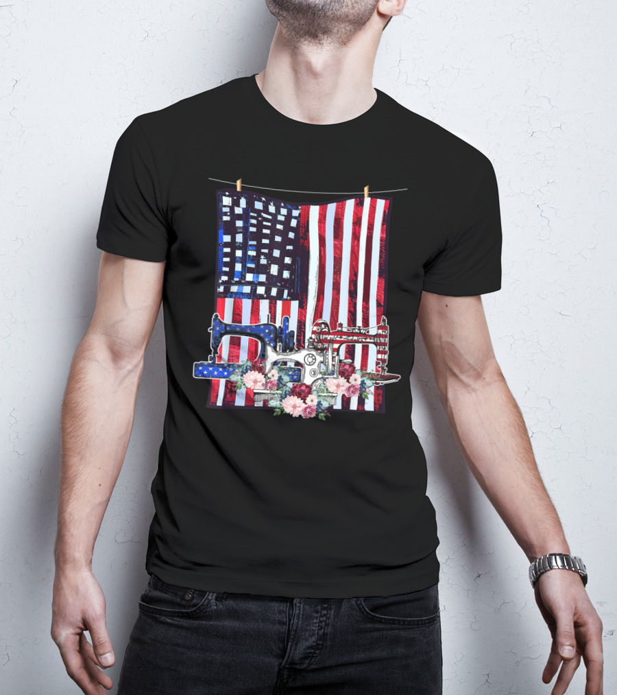 American Quilting Sewing Machines USA Flag Floral T-Shirt