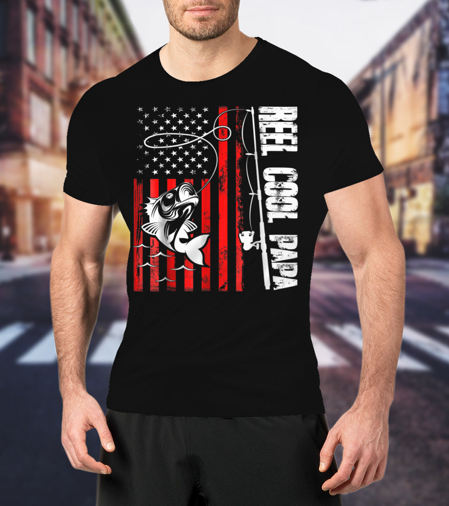 Reel Cool PAPA Fishing Lover American Flag T-Shirt
