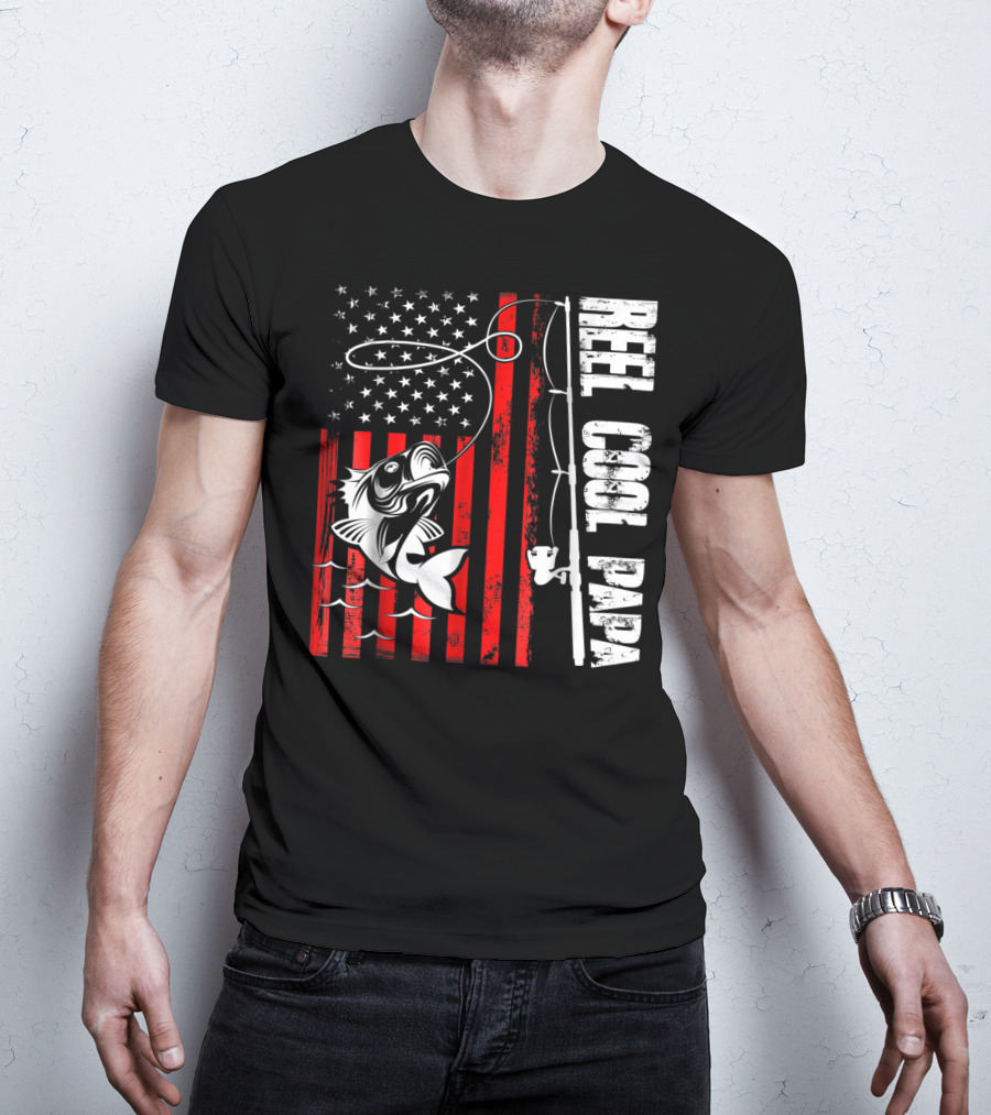Reel Cool PAPA Fishing Lover American Flag T-Shirt