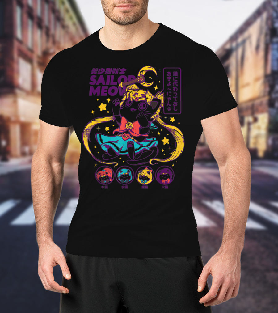 Sailor Meow Moon Anime Cat With Stars And Symbols T-Shirt