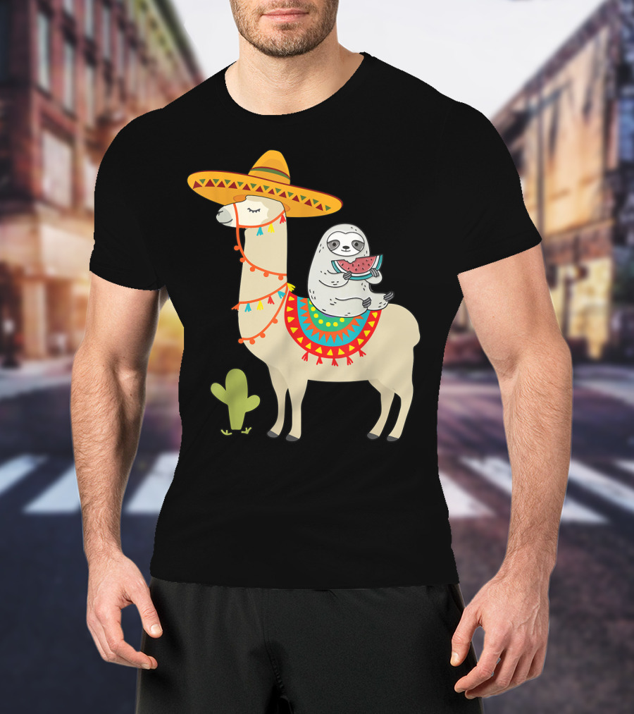Cinco De Mayo Sloth Riding Llama Fiesta With Sombrero And Cactus T-Shirt