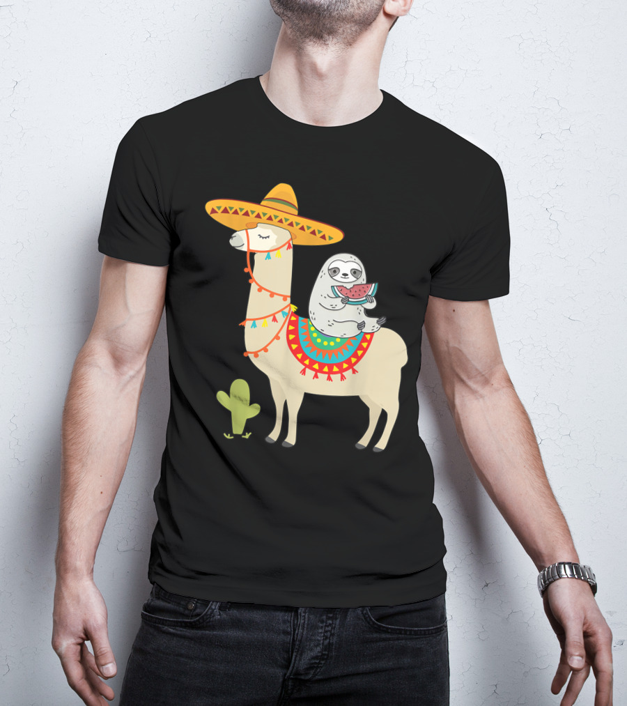 Cinco De Mayo Sloth Riding Llama Fiesta With Sombrero And Cactus T-Shirt