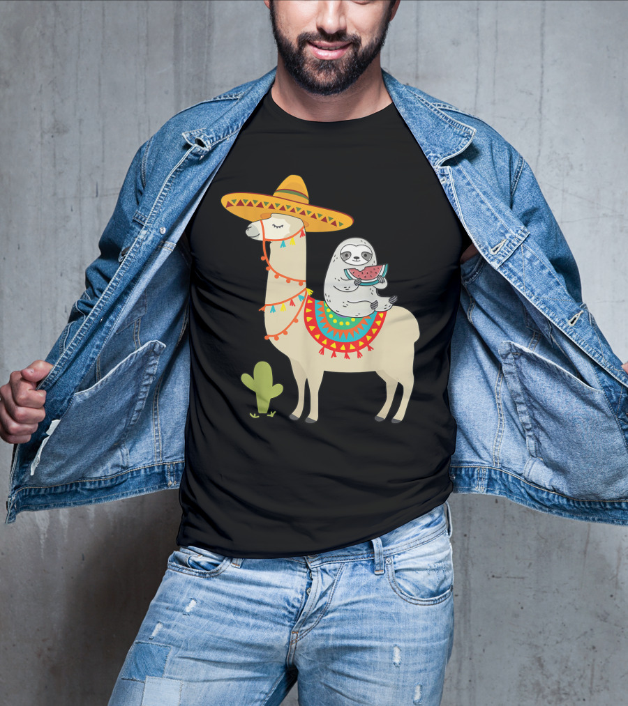 Cinco De Mayo Sloth Riding Llama Fiesta With Sombrero And Cactus T-Shirt