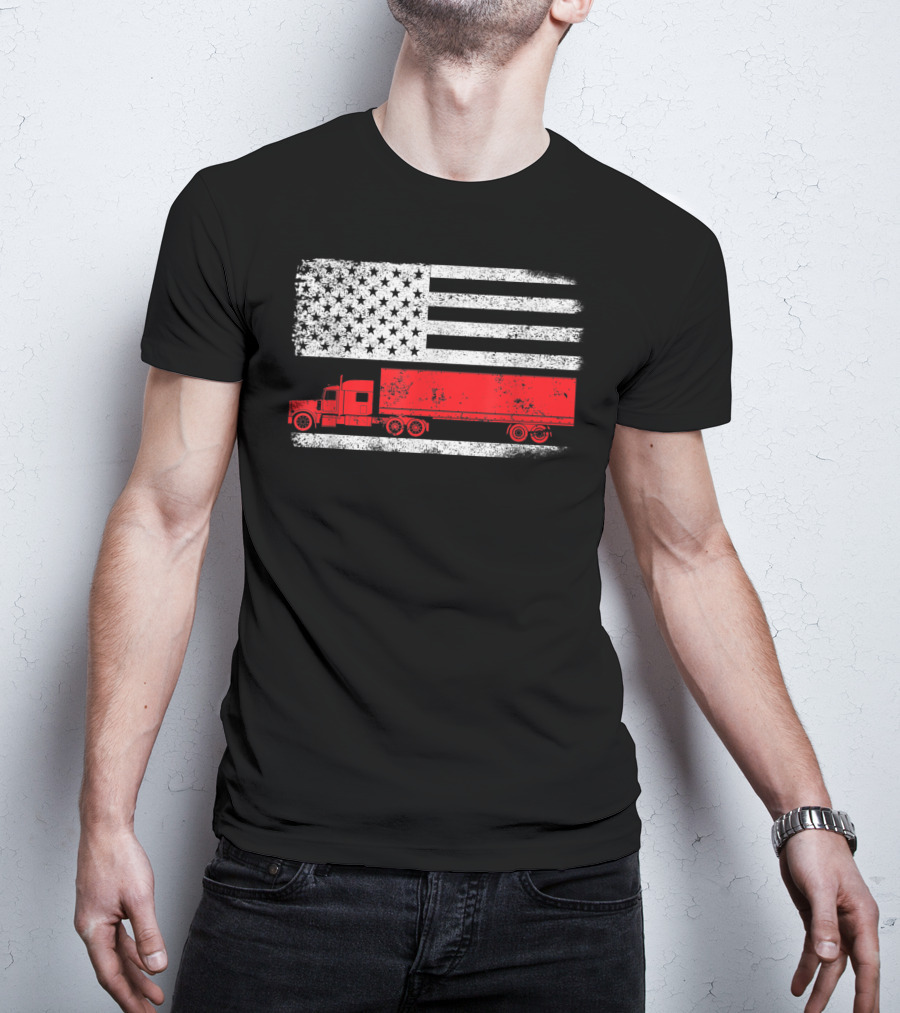 USA Flag American Trucker Red Semi Truck T-Shirt