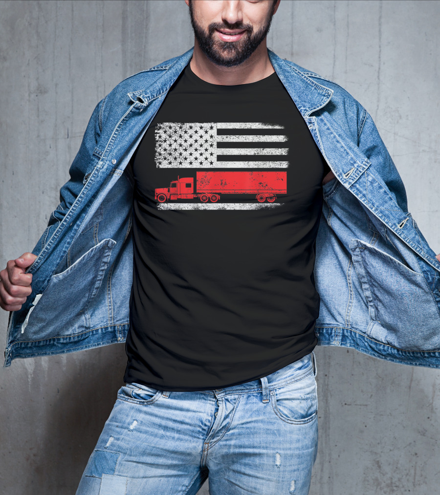 USA Flag American Trucker Red Semi Truck T-Shirt