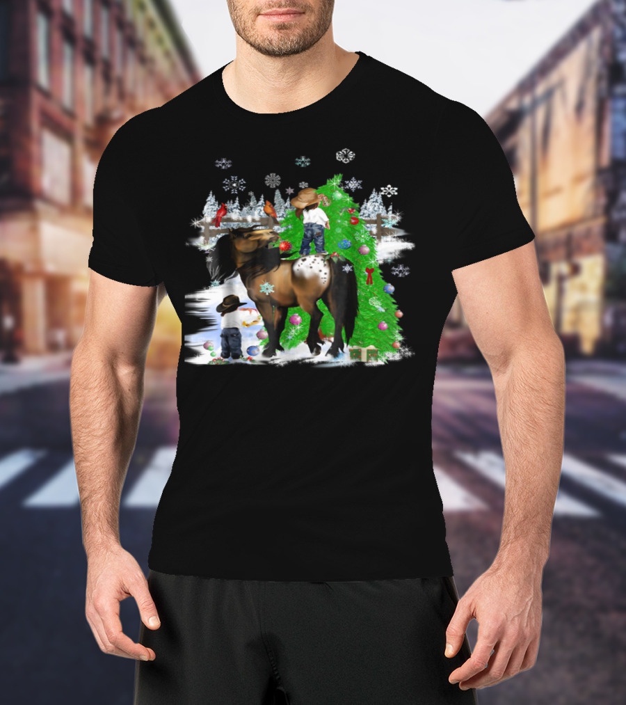 Holiday Cowboy Christmas Scene With Horse Snowflakes And Tree T-Shirt