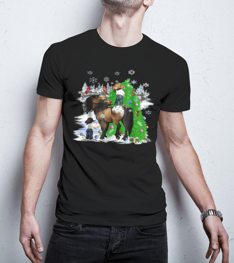 Holiday Cowboy Christmas Scene With Horse Snowflakes And Tree T-Shirt