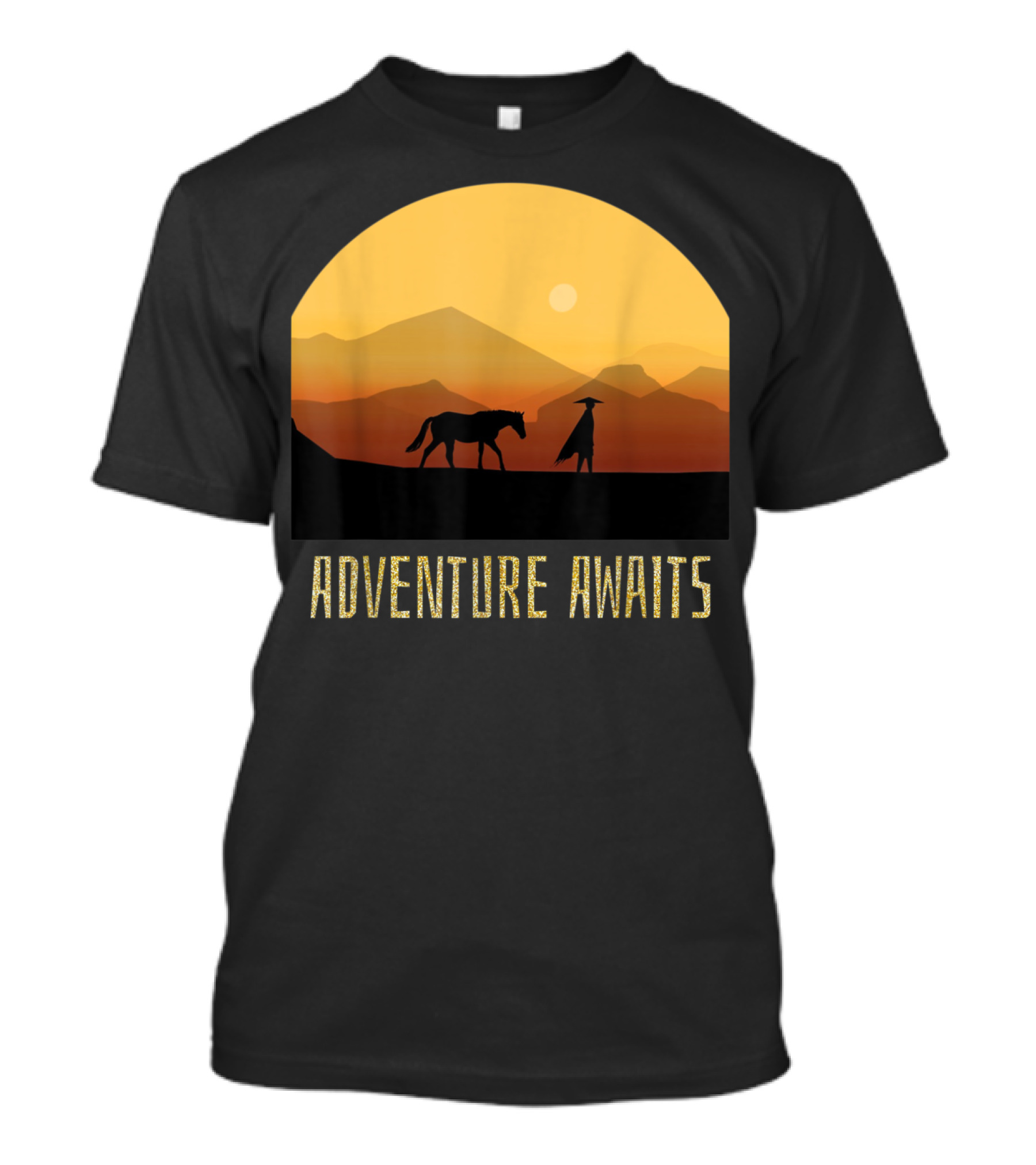 Adventure Awaits Sunset Man Horse Mountains T-Shirt