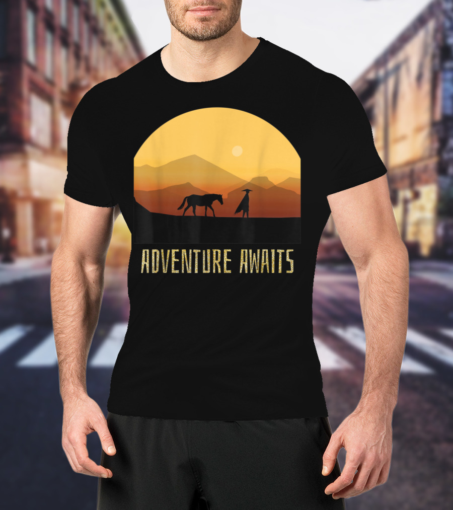 Adventure Awaits Sunset Man Horse Mountains T-Shirt