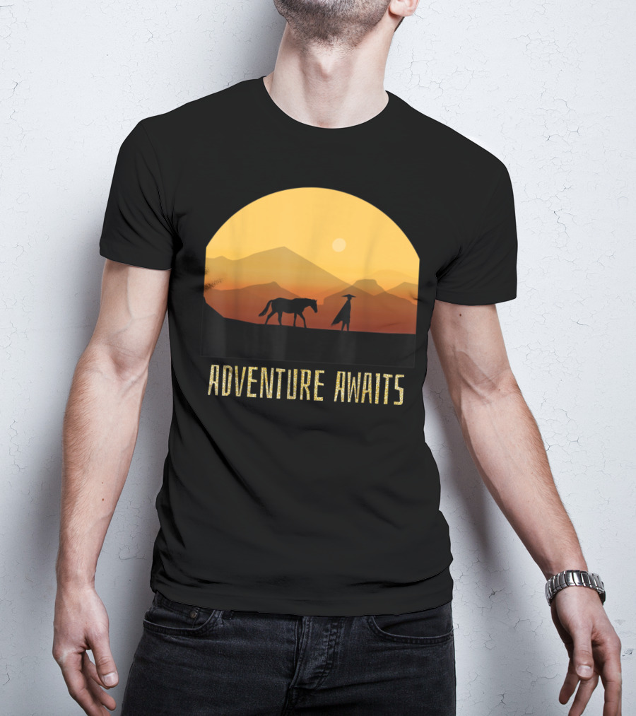 Adventure Awaits Sunset Man Horse Mountains T-Shirt