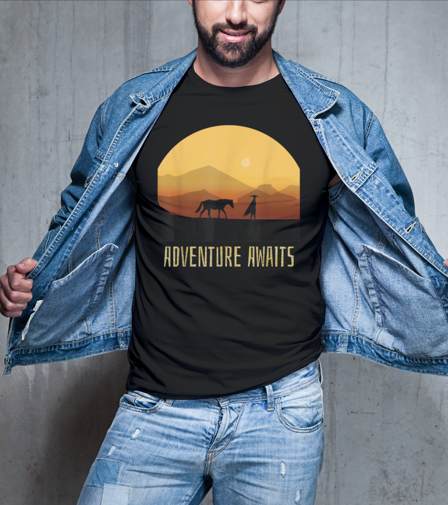 Adventure Awaits Sunset Man Horse Mountains T-Shirt