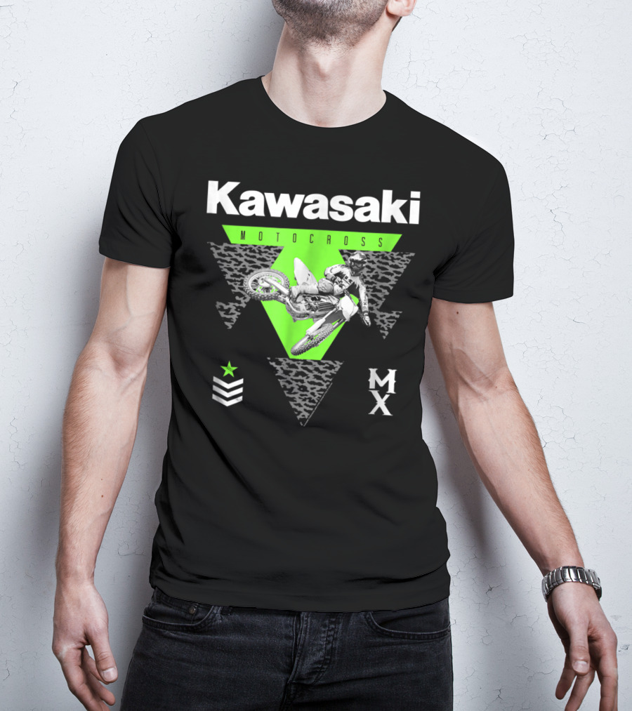 Kawasaki Motocross Classic Look 27272 MX Rider With Green Triangle And Chevron Star T-Shirt