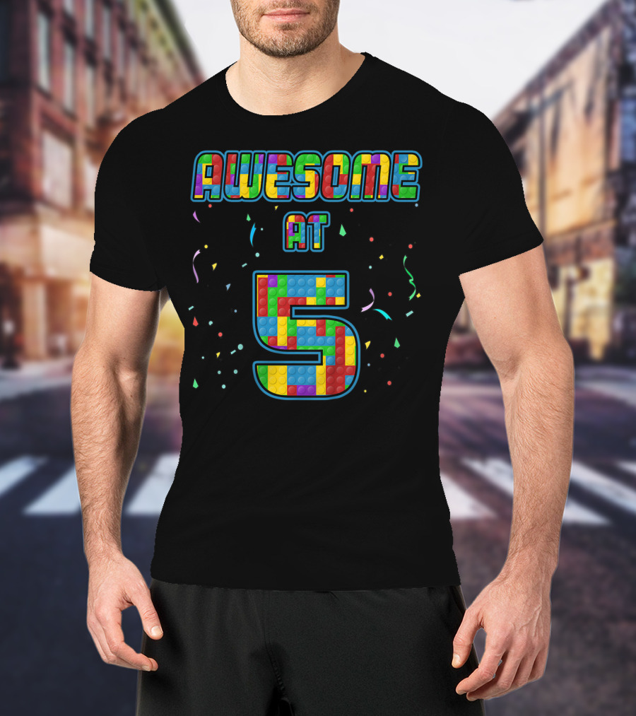 AWESOME AT 5 Kids 5 Years Old Birthday Age Five Blocks T-Shirt
