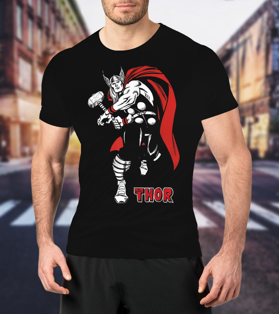 Marvel Comics Thor Mighty Hammer Swing Red Cape T-Shirt