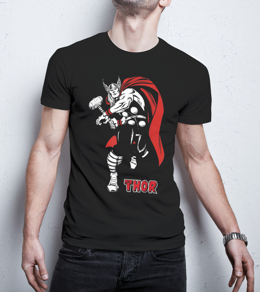 Marvel Comics Thor Mighty Hammer Swing Red Cape T-Shirt