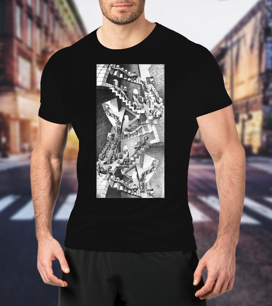 Escher Relativity Optical Illusion Staircase Maze In Three Colors T-Shirt