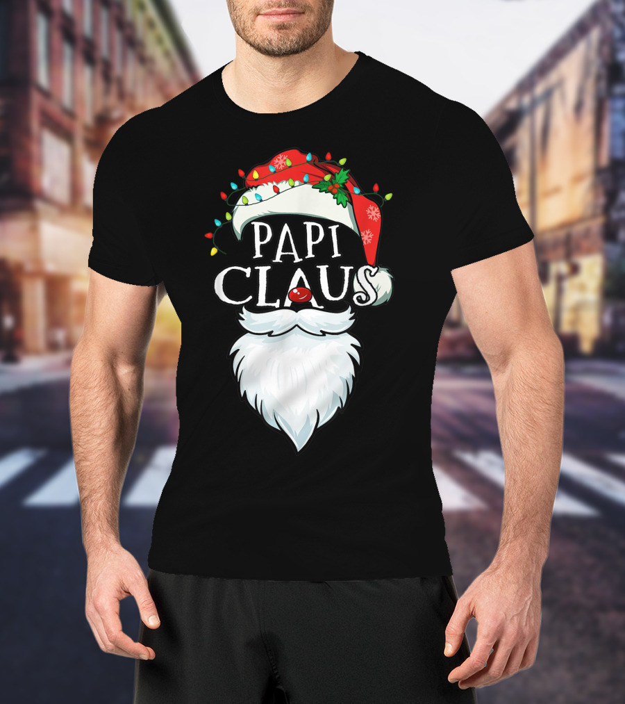 Mens Papi Claus Santa Hat Xmas Costume Family Beard Lights T-Shirt