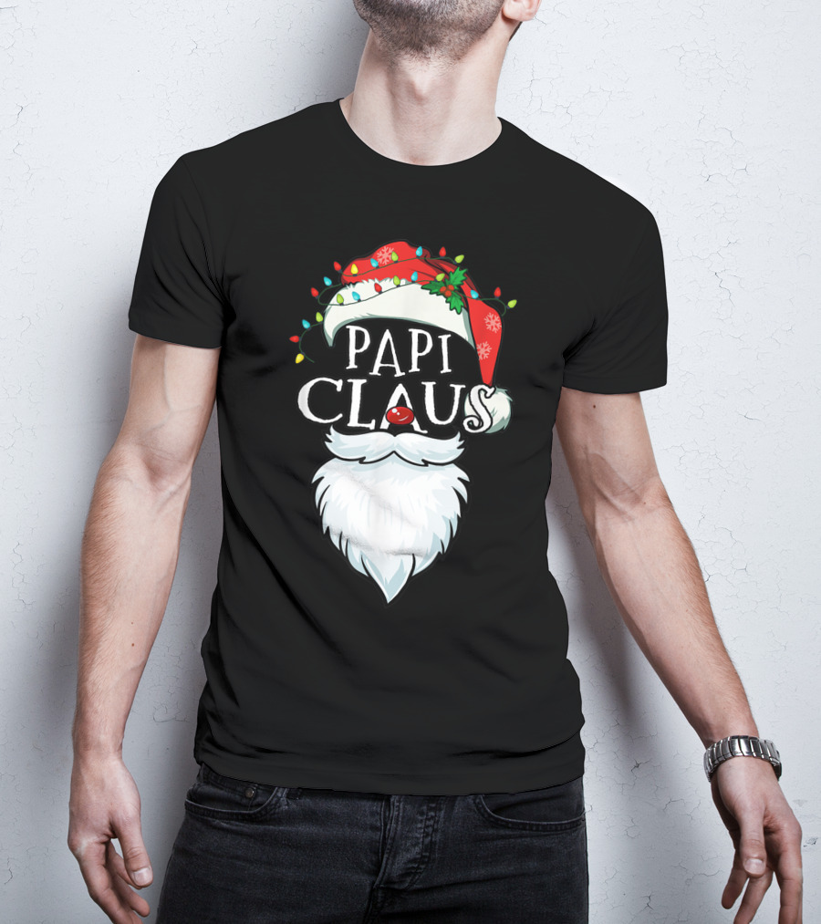Mens Papi Claus Santa Hat Xmas Costume Family Beard Lights T-Shirt