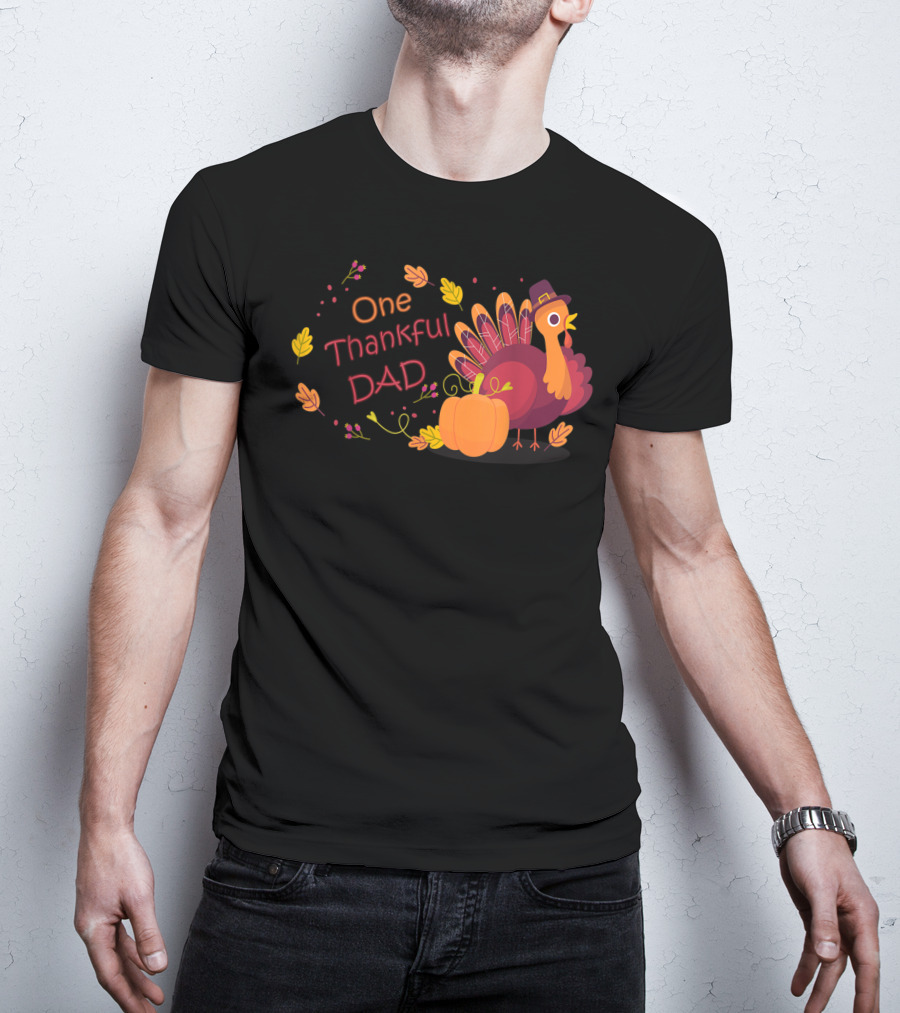 One Thankful Dad Turkey With Pumpkin And Autumn Leaves T-Shirt