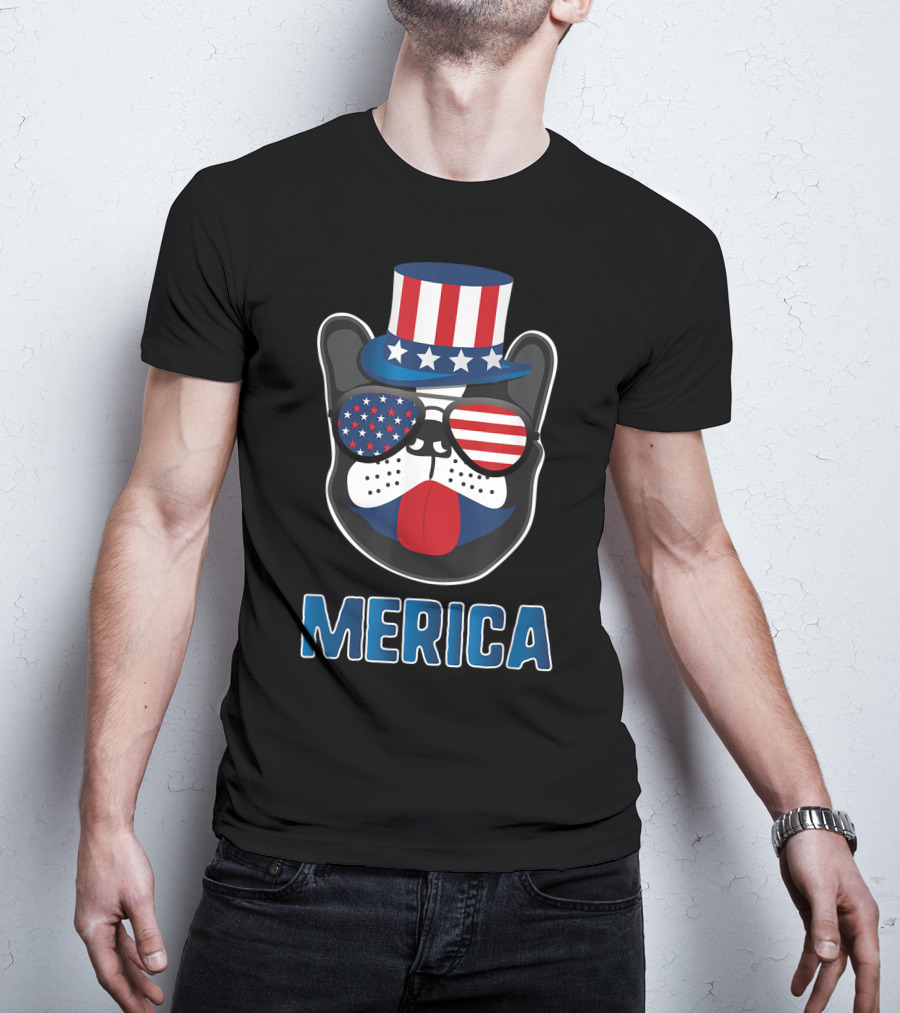 Merica Boston Terrier Dog Patriotic Uncle Sam Hat USA T-Shirt