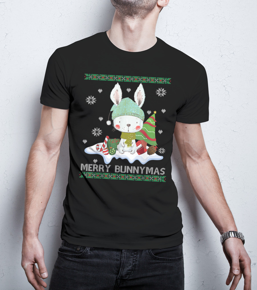 Merry Bunnymas Cute Bunny With Santa Hat And Christmas Tree T-Shirt