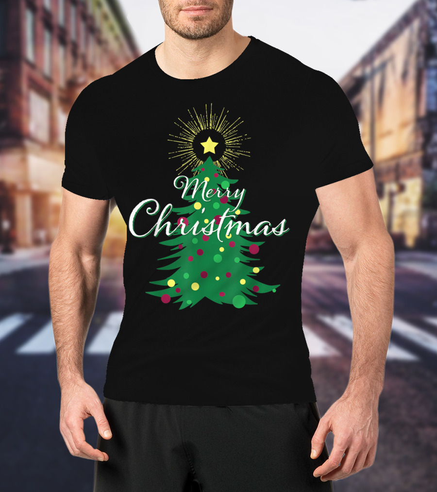 Merry Christmas Tree With Star And Colorful Ornaments For Family Party T-Shirt