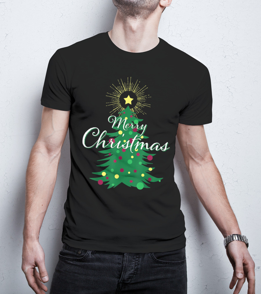 Merry Christmas Tree With Star And Colorful Ornaments For Family Party T-Shirt