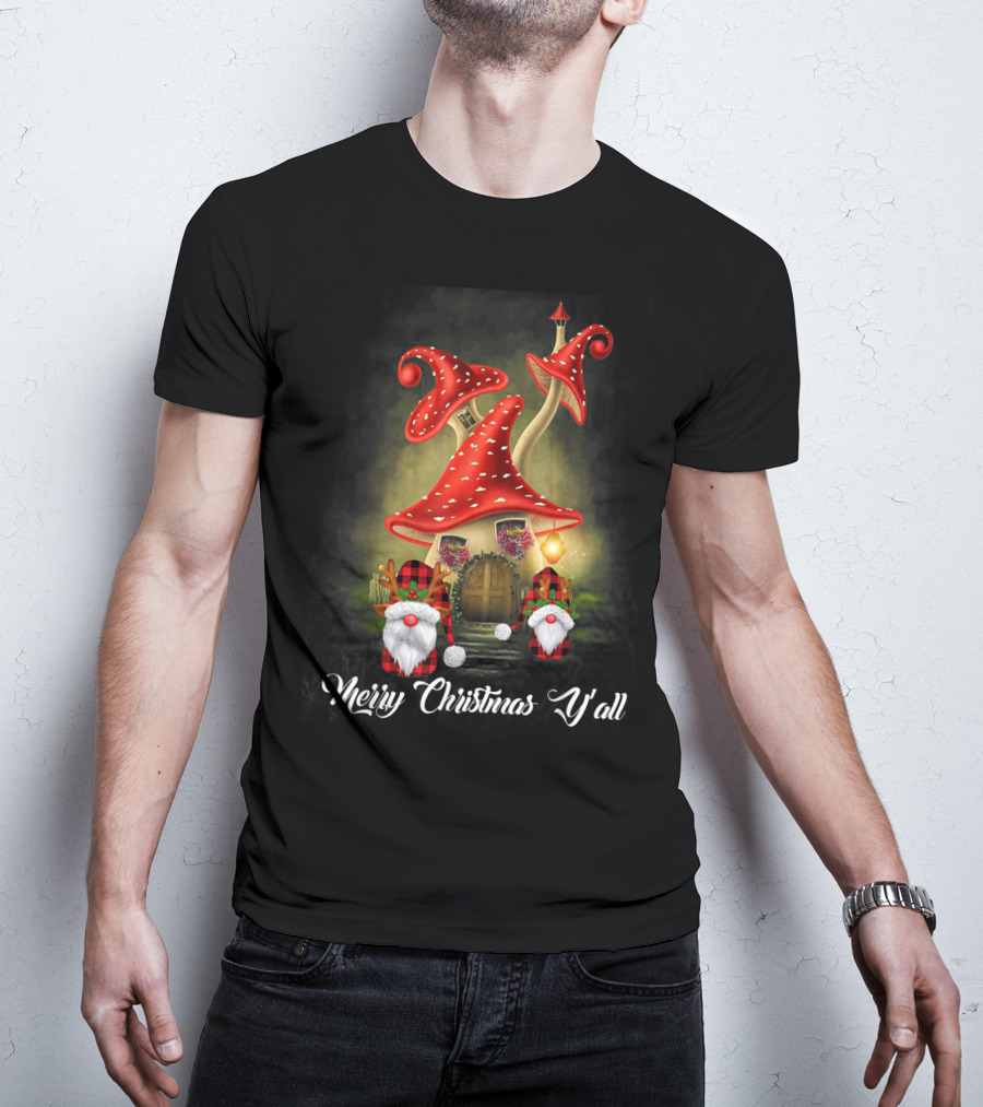 Merry Christmas Y'all Gnome Red Mushroom House T-Shirt