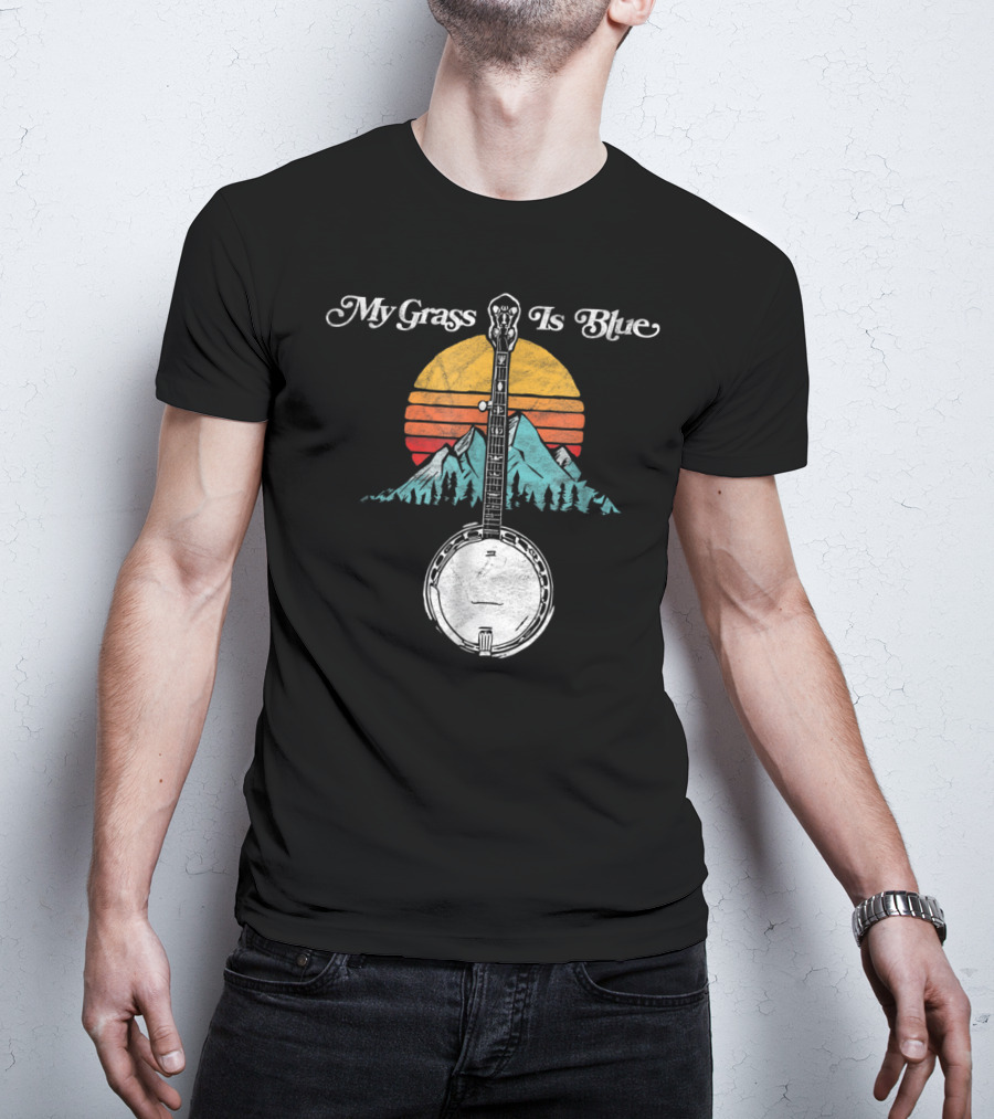 My Grass Is Blue Rocky Mountain Banjo Sunset Mountain Scene T-Shirt