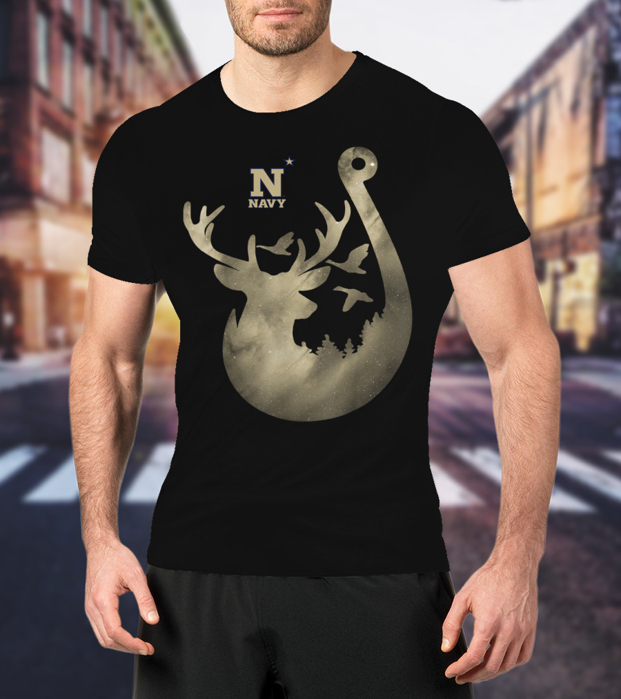 Navy Midshipmen Deer Galaxy Hook With Birds And Starry Sky T-Shirt