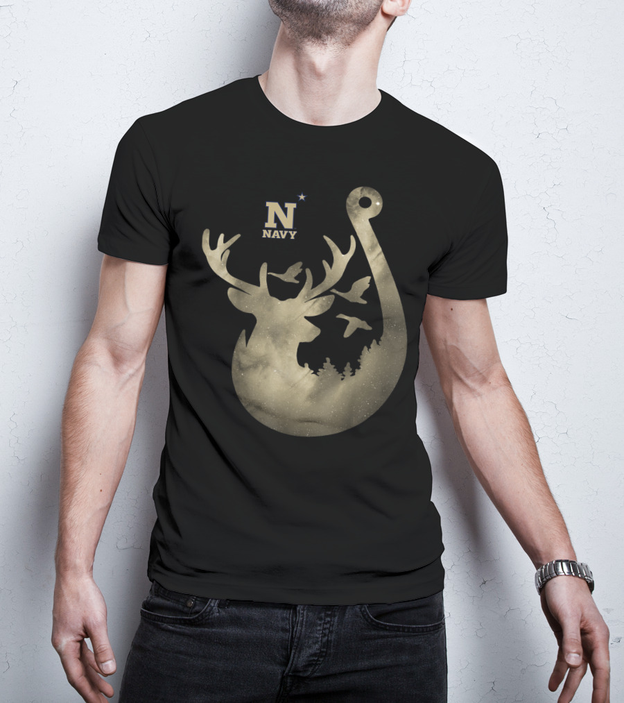 Navy Midshipmen Deer Galaxy Hook With Birds And Starry Sky T-Shirt