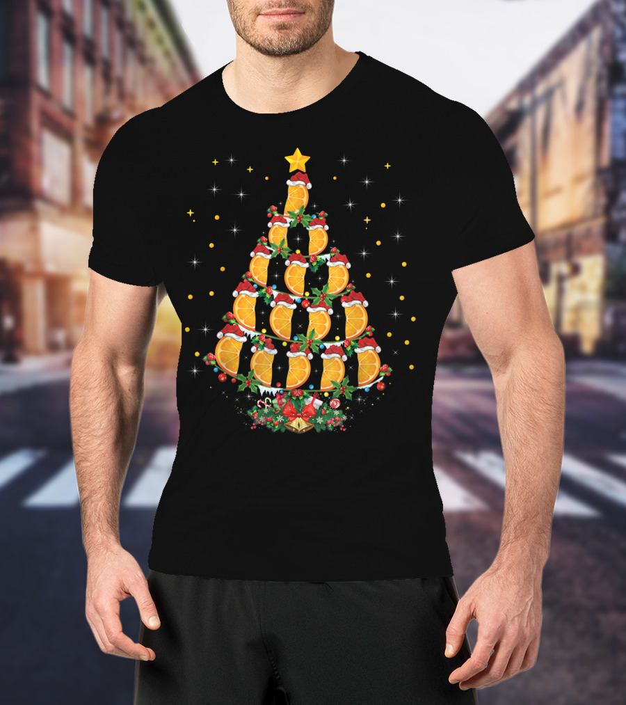 Orange Christmas Tree With Citrus Fruit And Santa Hats T-Shirt