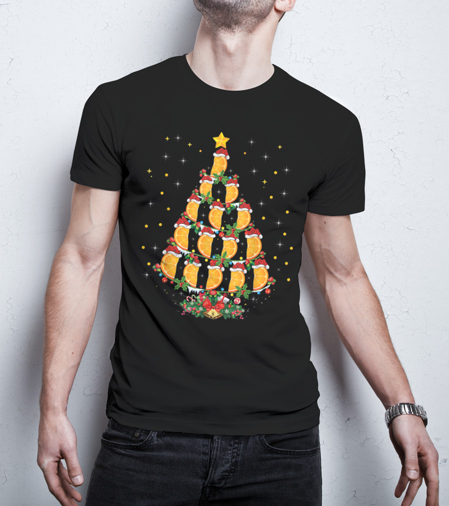 Orange Christmas Tree With Citrus Fruit And Santa Hats T-Shirt