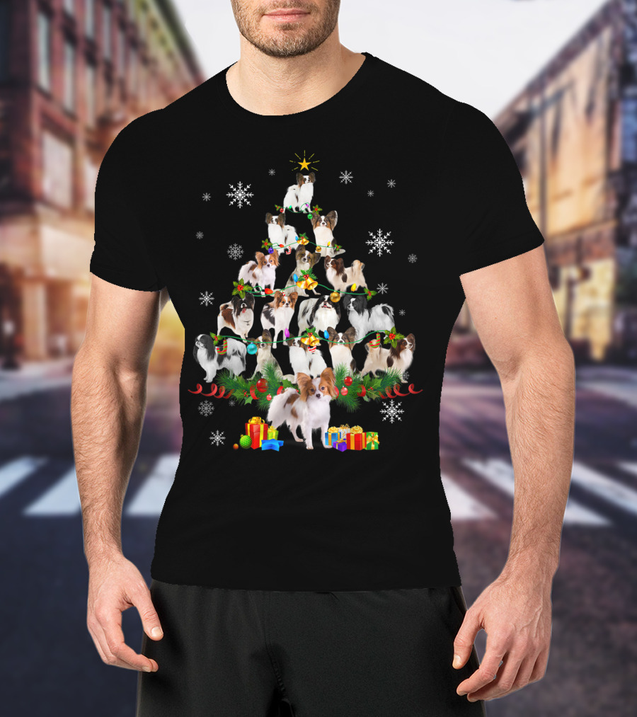 Papillon Dog Christmas Tree Lights With Snowflakes And Presents T-Shirt