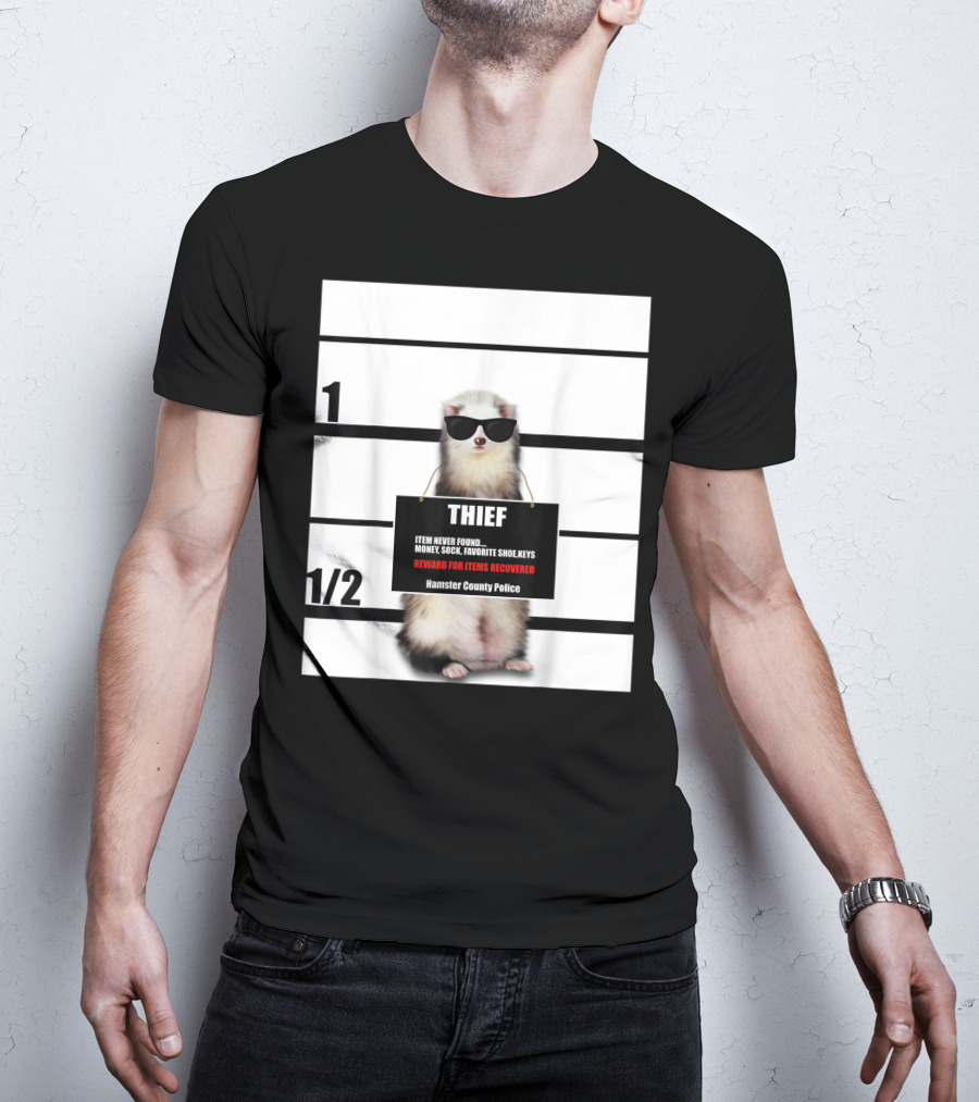 Pet Ferret Thief Mugshot Hamster County Police Funny Ferret Reward For Items Recovered T-Shirt