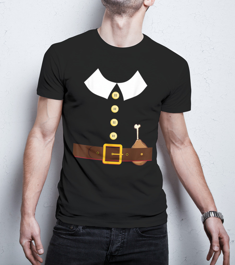 Pilgrim Costume Black Collar Buttons Belt Chicken Leg Colonist T-Shirt