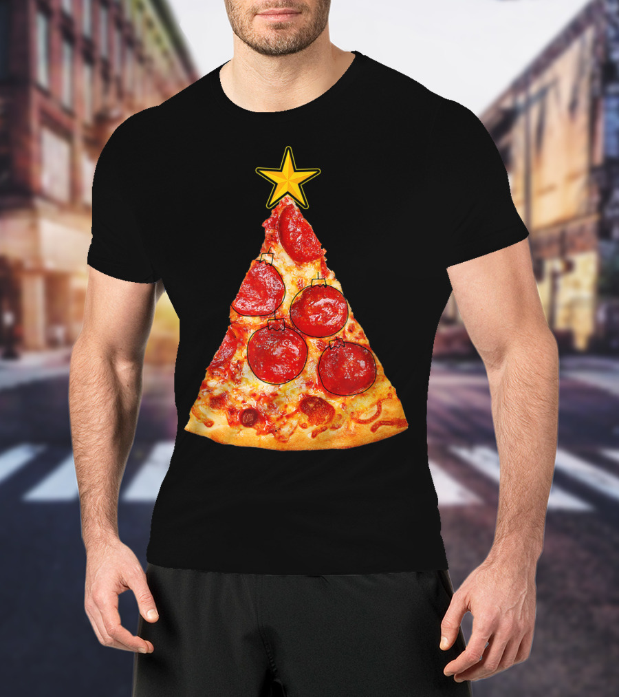 Pizza Slice Christmas Tree With Pepperoni Ornaments And Star Topper T-Shirt