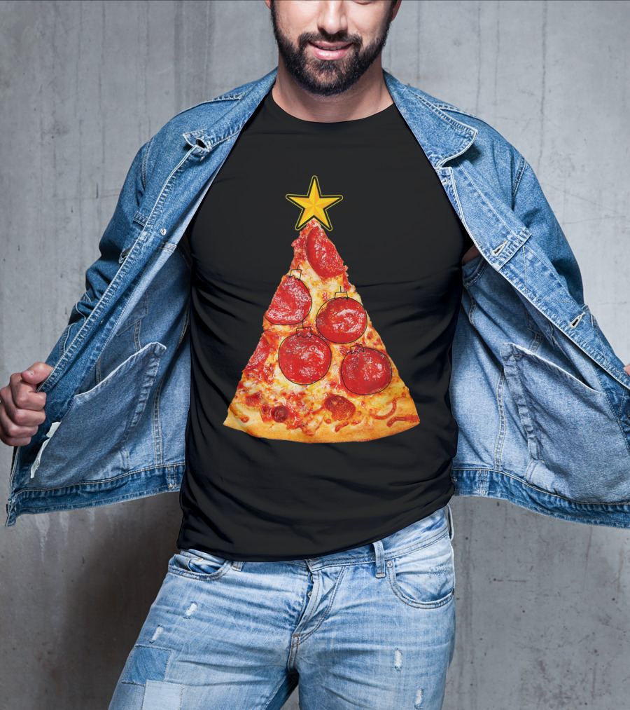 Pizza Slice Christmas Tree With Pepperoni Ornaments And Star Topper T-Shirt