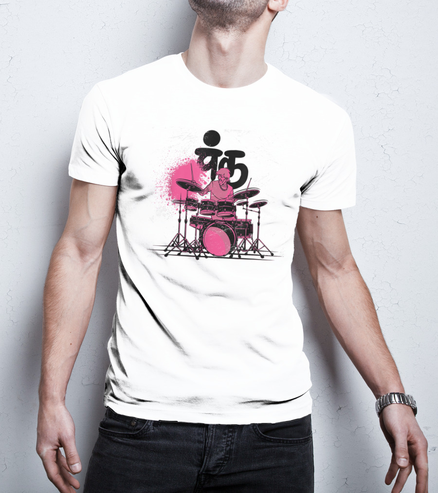 Pink Punk Band Drummer Graphic With Drum Set And Grunge Effect T-Shirt