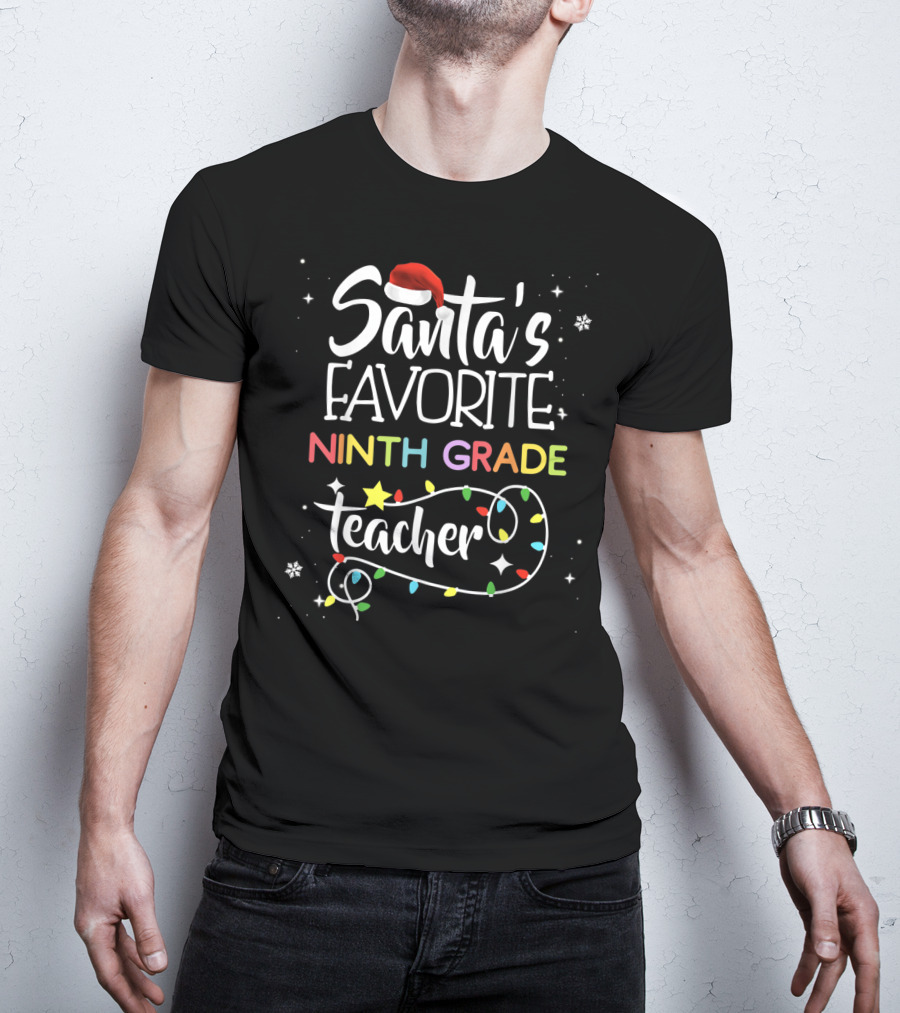 Santa's Favorite Ninth Grade Teacher Christmas Lights Snowflakes T-Shirt