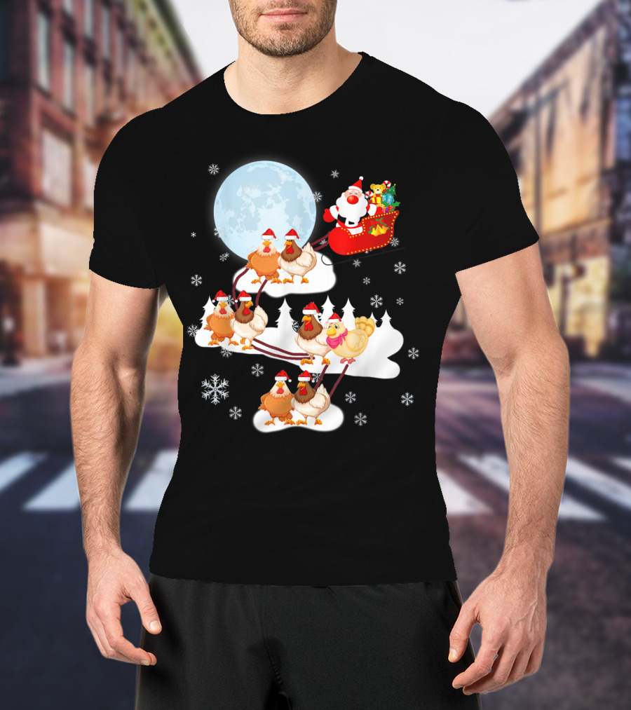 Santa Sleigh Sled Riding Chickens Full Moon Christmas Snowflakes T-Shirt