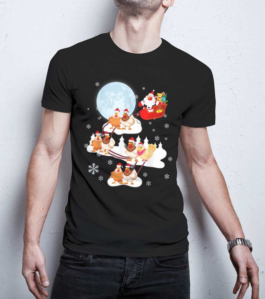 Santa Sleigh Sled Riding Chickens Full Moon Christmas Snowflakes T-Shirt