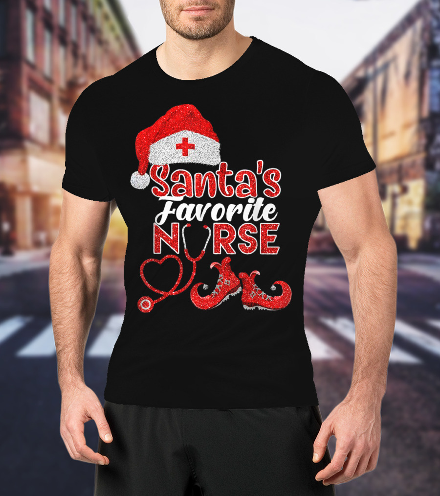 Santa's Favorite Nurse Heart Stethoscope Elf Shoes Merry Xmas Party T-Shirt