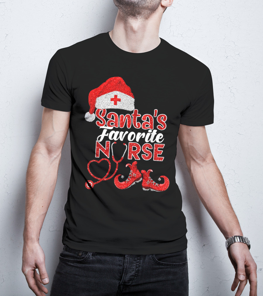 Santa's Favorite Nurse Heart Stethoscope Elf Shoes Merry Xmas Party T-Shirt