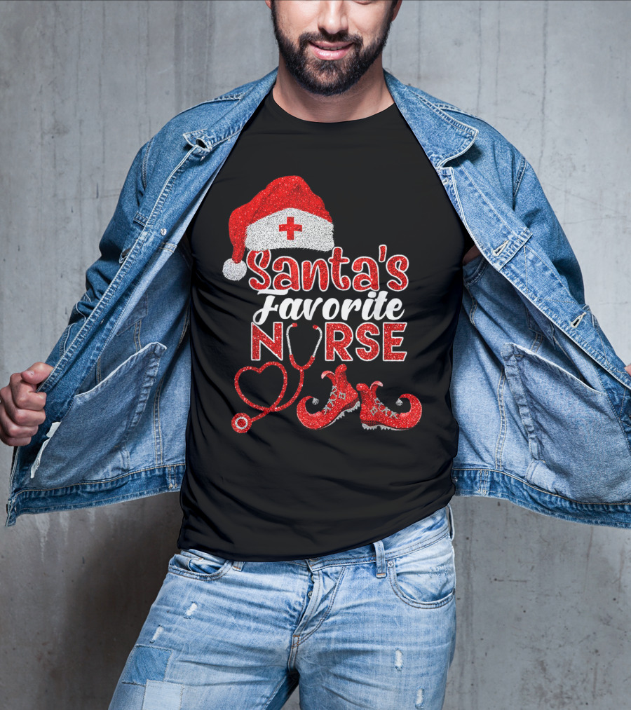 Santa's Favorite Nurse Heart Stethoscope Elf Shoes Merry Xmas Party T-Shirt
