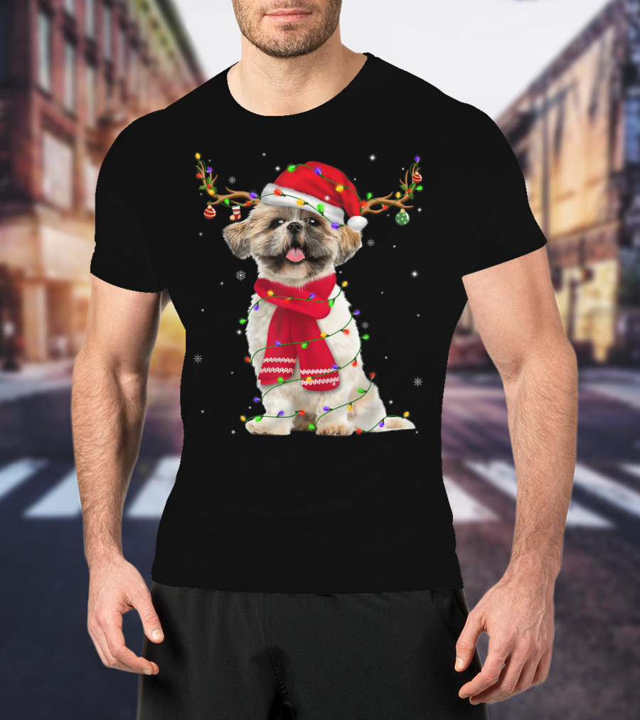 Shih Tzu Christmas Reindeer Antlers Red Scarf Santa Hat Festive Lights T-Shirt