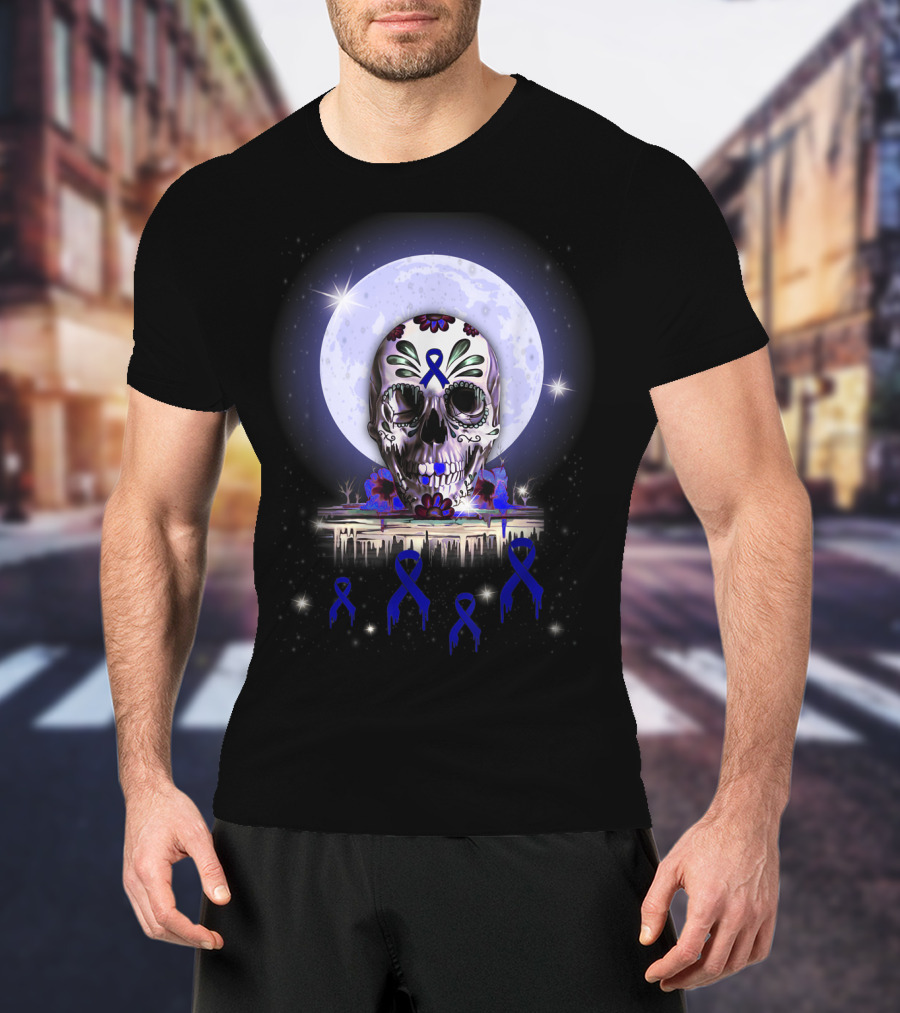 Skull With Floral Motifs And Blue Ribbon In Front Of Full Moon For Rectal Cancer Awareness T-Shirt