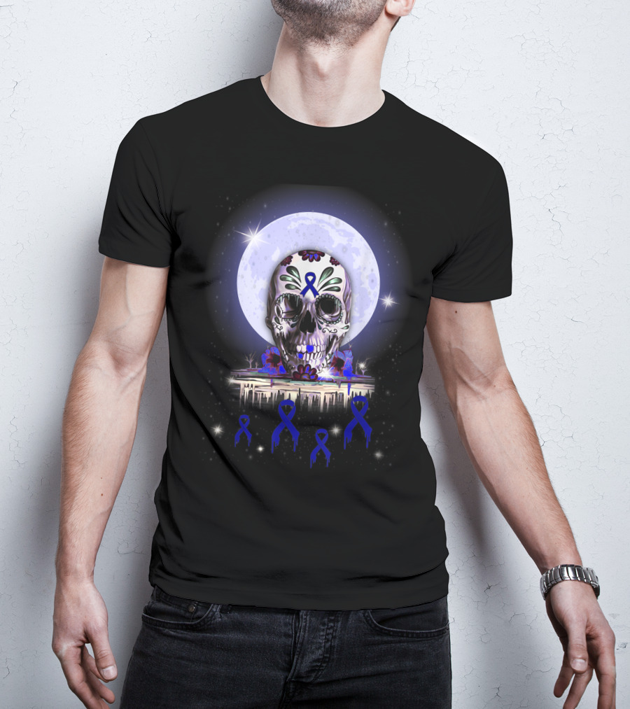 Skull With Floral Motifs And Blue Ribbon In Front Of Full Moon For Rectal Cancer Awareness T-Shirt