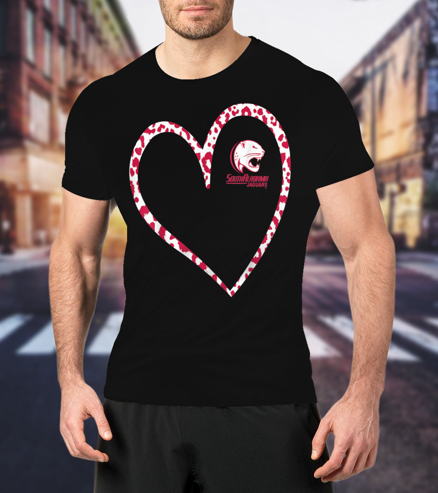 South Alabama Jaguars Leopard Print Heart T-Shirt