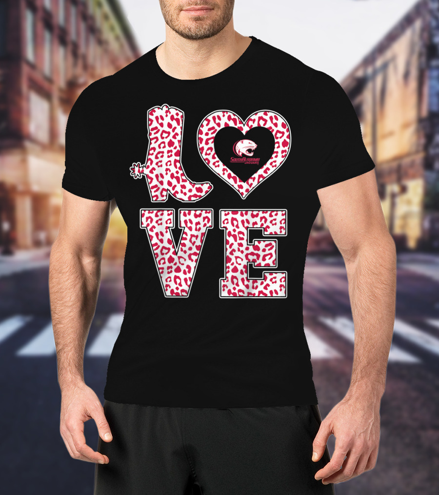 South Alabama Jaguars Leopard Print Love Logo Graduation T-Shirt